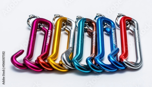 Colorful metal carabiners isolated on white background.