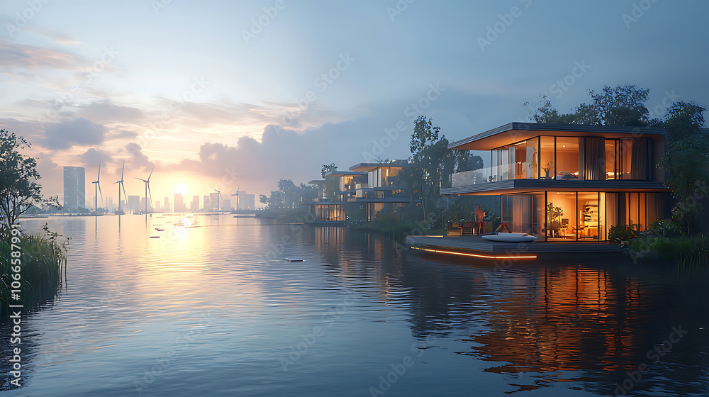 Naklejka premium Futuristic waterfront houses with modern architecture and sunset view, showcasing eco friendly design and renewable energy sources. serene atmosphere enhances beauty of landscape
