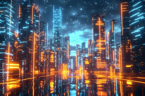 Futuristic Night City in the Distance Glowing with Lights