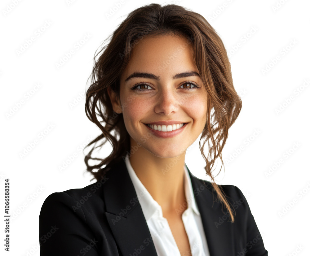 Portrait of a smiling young woman in business attire, showcasing confidence and professionalism, isolated on a transparent background. Portrait of a smiling young woman in business attire, showcasing confidence and professionalism, isolated on a transparent background.