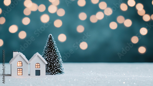 Miniature houses and Christmas tree with sparkling lights create cozy winter scene. snow covered ground adds to festive atmosphere, evoking warmth and joy