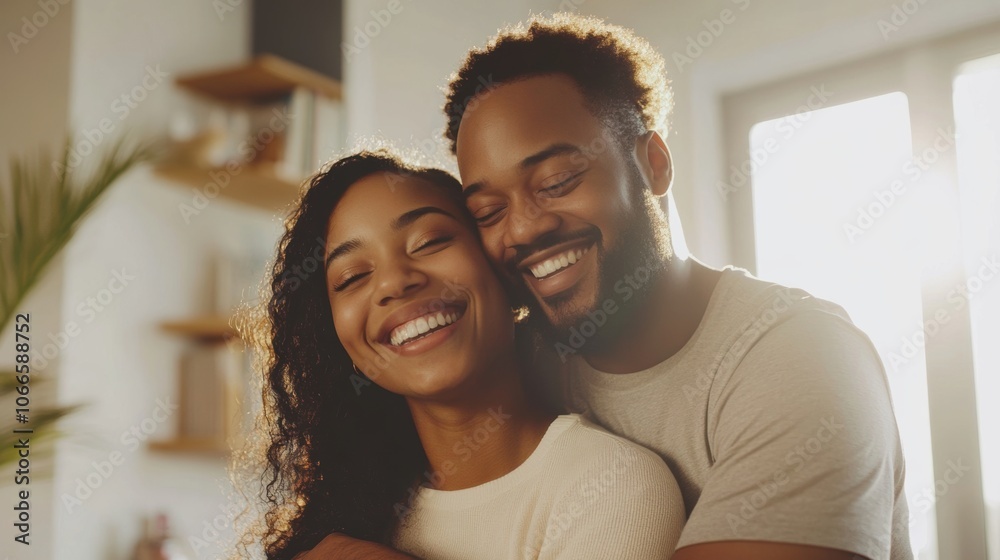 Fototapeta premium Man and woman embracing in a bright room, smiling and celebrating a property deal. Simple background, emphasizing their connection and happiness.