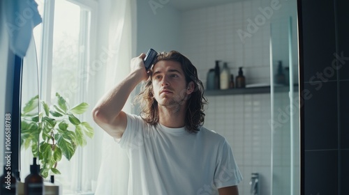 man standing in front of a bathroom mirror, holding a hair curler and straightening his long hair