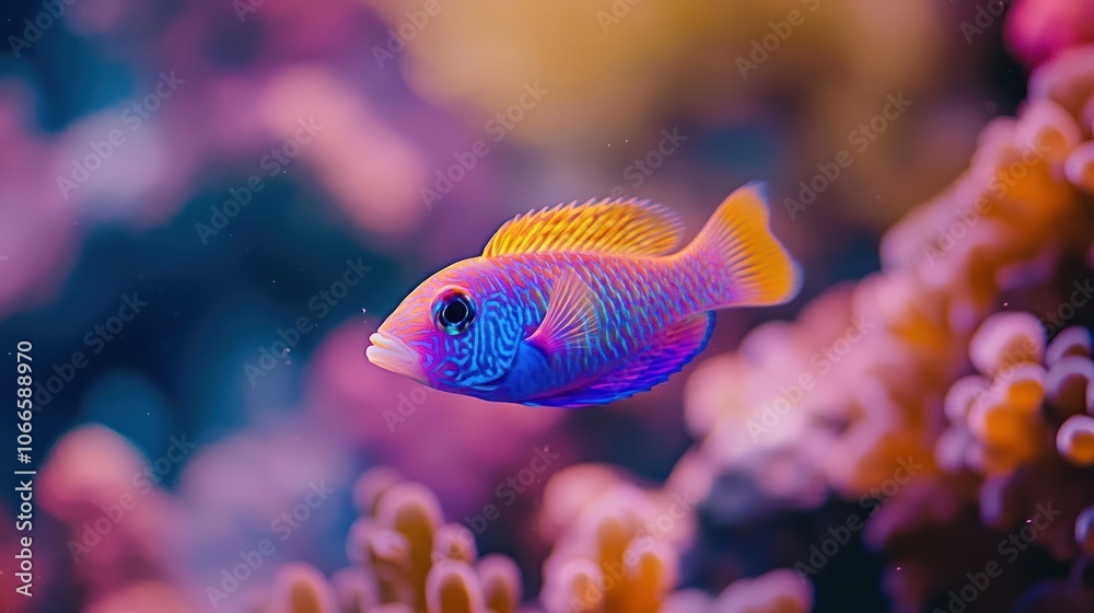 A vibrant, yellow, blue, and purple fish swimming in a coral reef A vibrant, yellow, blue, and purple fish swimming in a coral reef
