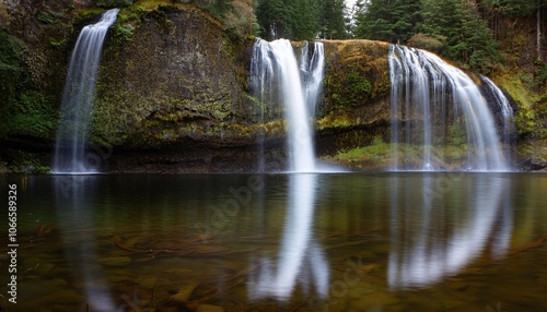 Tranquil Waterfall in Forest with Reflective Lake