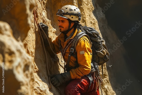 Man climbs cliff with helmet and backpack photo