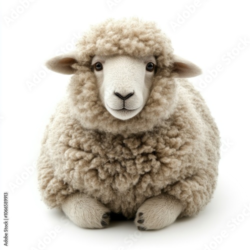 Fluffy sheep with white face and brown fur looking directly at the camera.