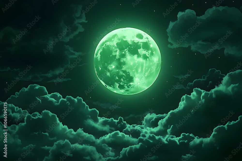 Obraz premium Green Night Sky with Green Moon and Clouds
