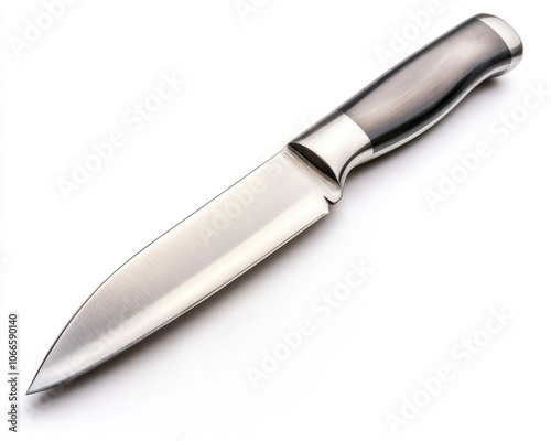 A sharp kitchen knife with a silver blade and black handle isolated on a white background.