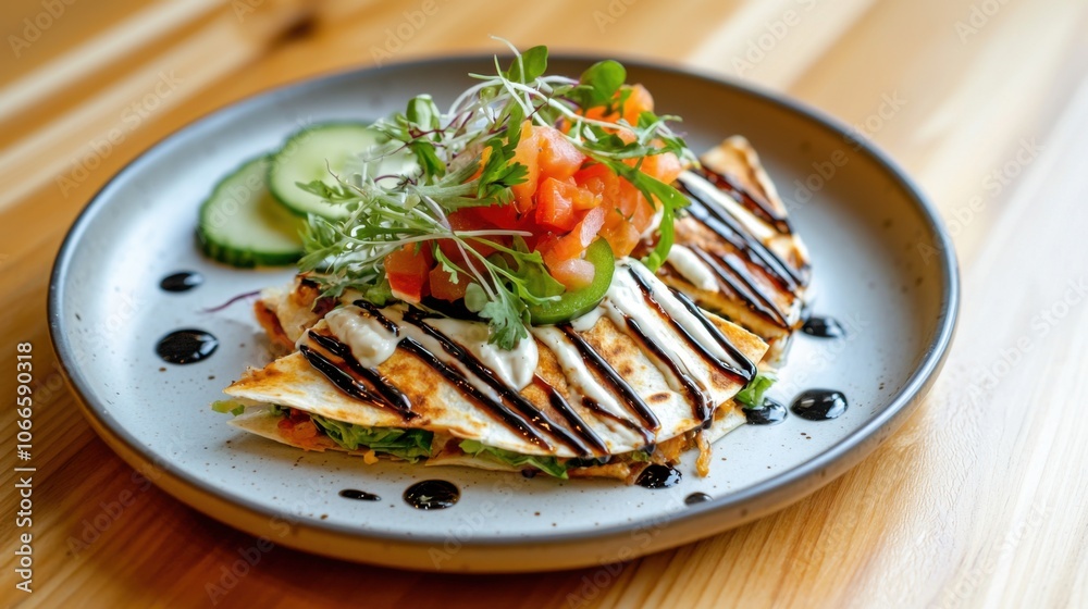 Deliciously Arranged Quesadilla with Fresh Toppings Deliciously Arranged Quesadilla with Fresh Toppings