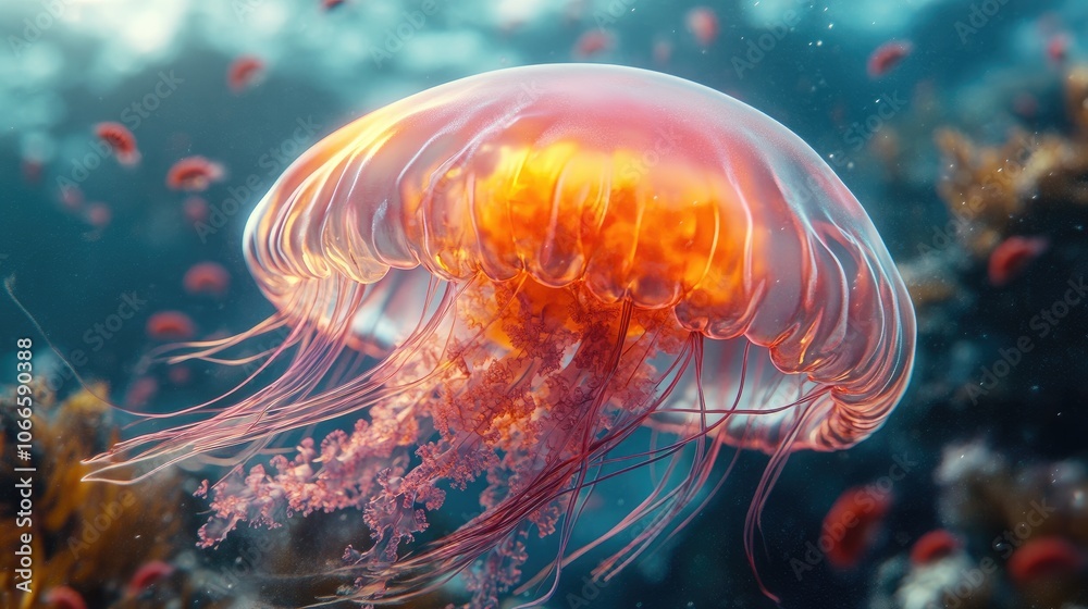 Fototapeta premium A luminous orange jellyfish with long, flowing tentacles swims through a vibrant underwater world.