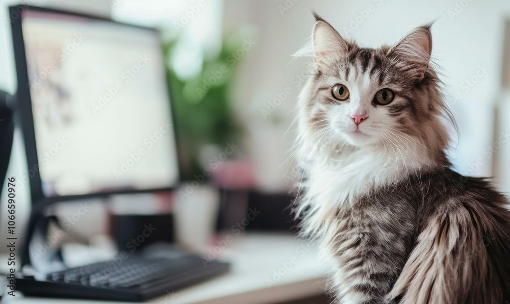 A cat sitting in front of a computer. AI. A cat sitting in front of a computer. AI.