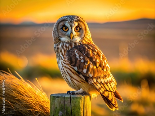 A short-eared owl perched on an Orkney fence post, a masterful AI food photography. photo