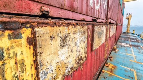 A close-up view of a weathered metal plate attached to a rusty cargo container, capturing the texture and colors against a backdrop of blurred yellow containers on a rainy day.