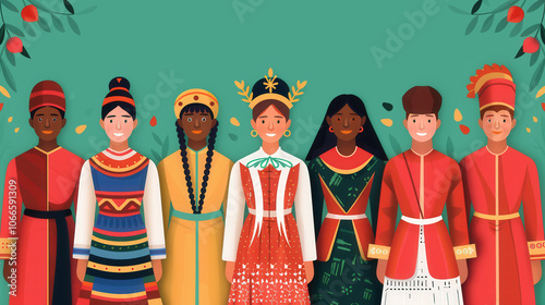 Cultural Tapestry, a vibrant illustration showcasing diverse traditional costumes from around the world, celebrating unity in diversity through bold colors and intricate designs. photo