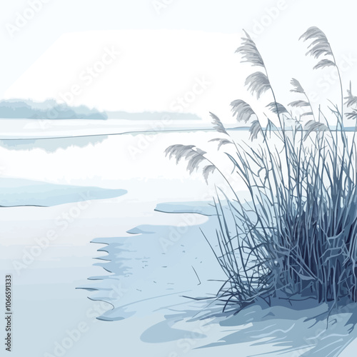 Illustration of reeds on the background of the frozen lake.