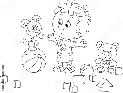 Happy little boy playing with his small cheerful puppy balancing on a striped ball among scattered toys in a nursery, black and white outline vector cartoon illustration for a coloring book page