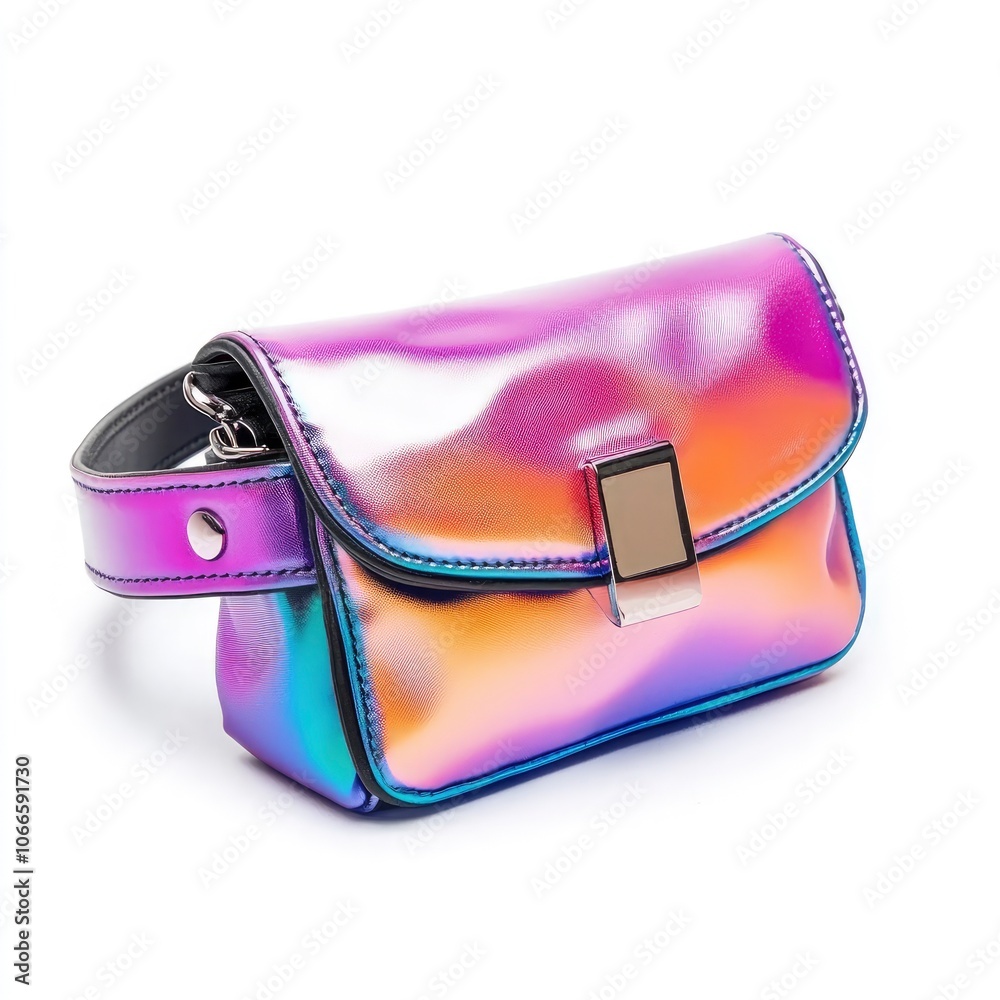 A vibrant iridescent purse with a silver clasp isolated on a white background. A vibrant iridescent purse with a silver clasp isolated on a white background.