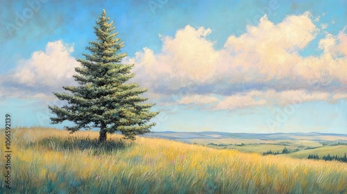 Serene Landscape with Pine Tree and Blue Sky