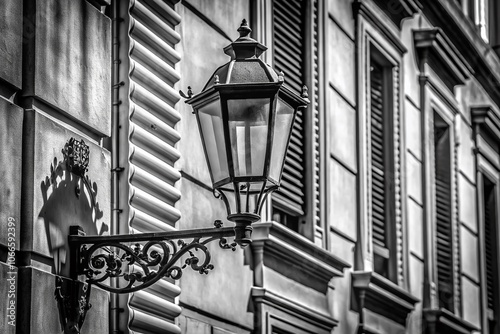 Captivating Black and White Street Lamp on Historic Building, Urban Architecture, Timeless Elegance, Contrast, Shadows, Vintage Style, Artistic Photography, Cityscape, Nostalgic Atmosphere
