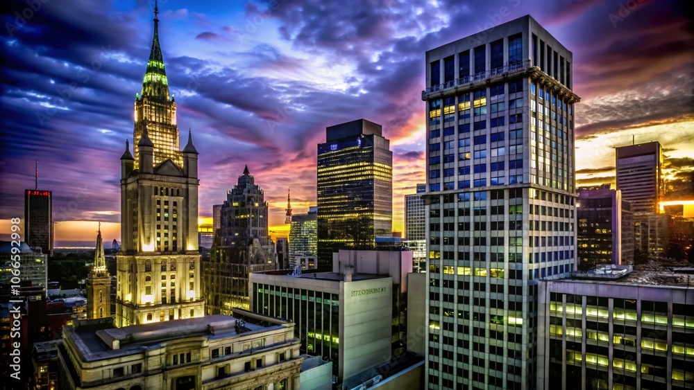 Obraz premium Captivating Cityscape at Dusk with Tall Buildings and Vibrant Pink Sky