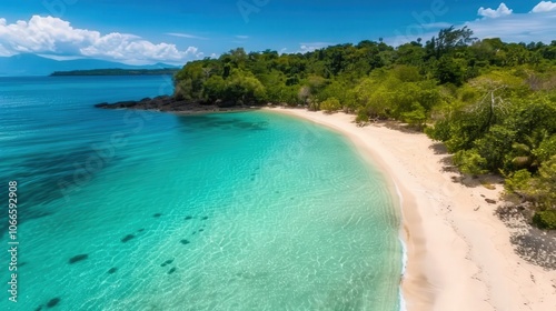 Hidden Coastal Paradise, a tranquil beach oasis with crystal-clear waters, surrounded by vibrant greenery, perfect for relaxation and escape from the crowds.