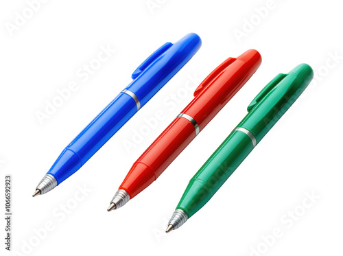 Three ballpoint pens in blue, red, and green colors, isolated on transparent background, stationery items, office supplies, writing tools, colorful pens, school accessories