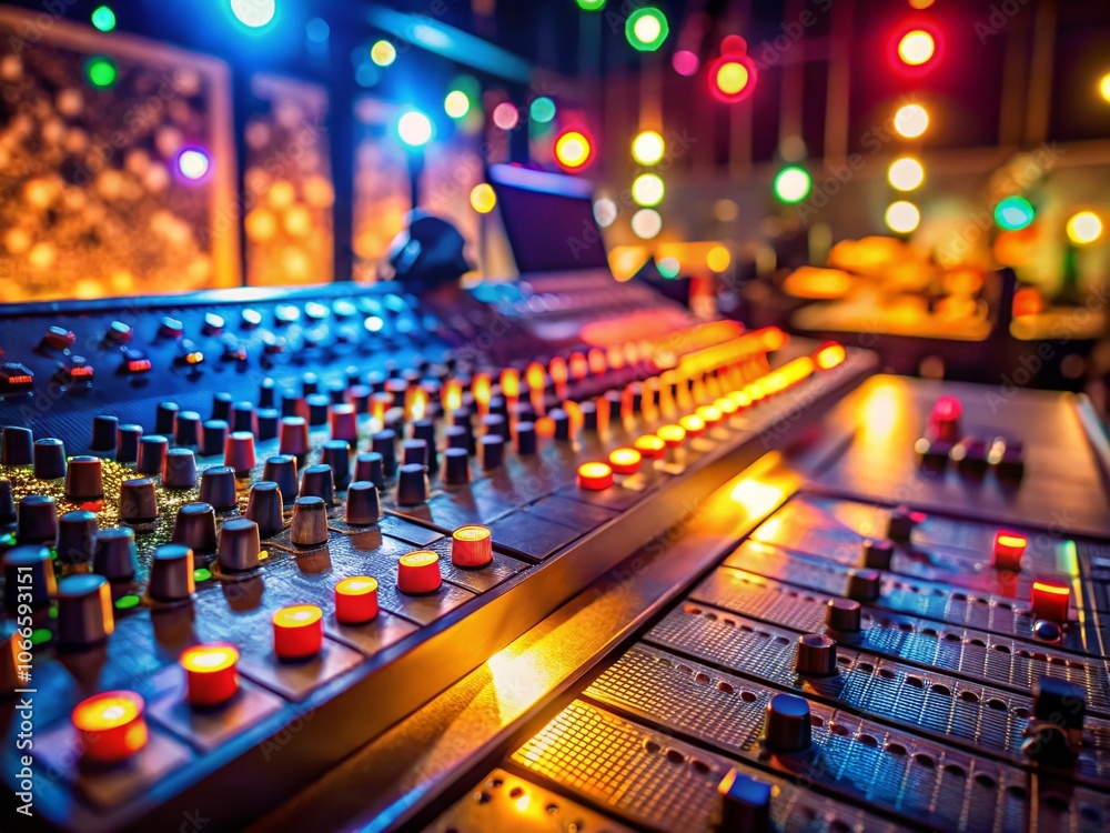 Fototapeta premium Captivating Close-Up of Audio Equipment with Glowing Controls in a Studio During Late-Night Recording Session