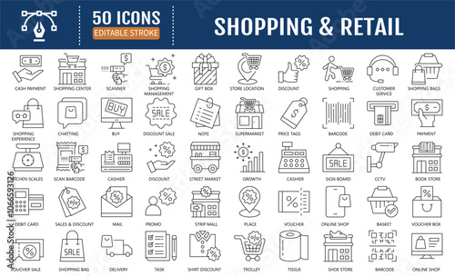Shopping and Retail Editabe Stroke Line Icon collection. Relate to e-commerce, online shop, payment, money, store, market and others. Vector Illustration
