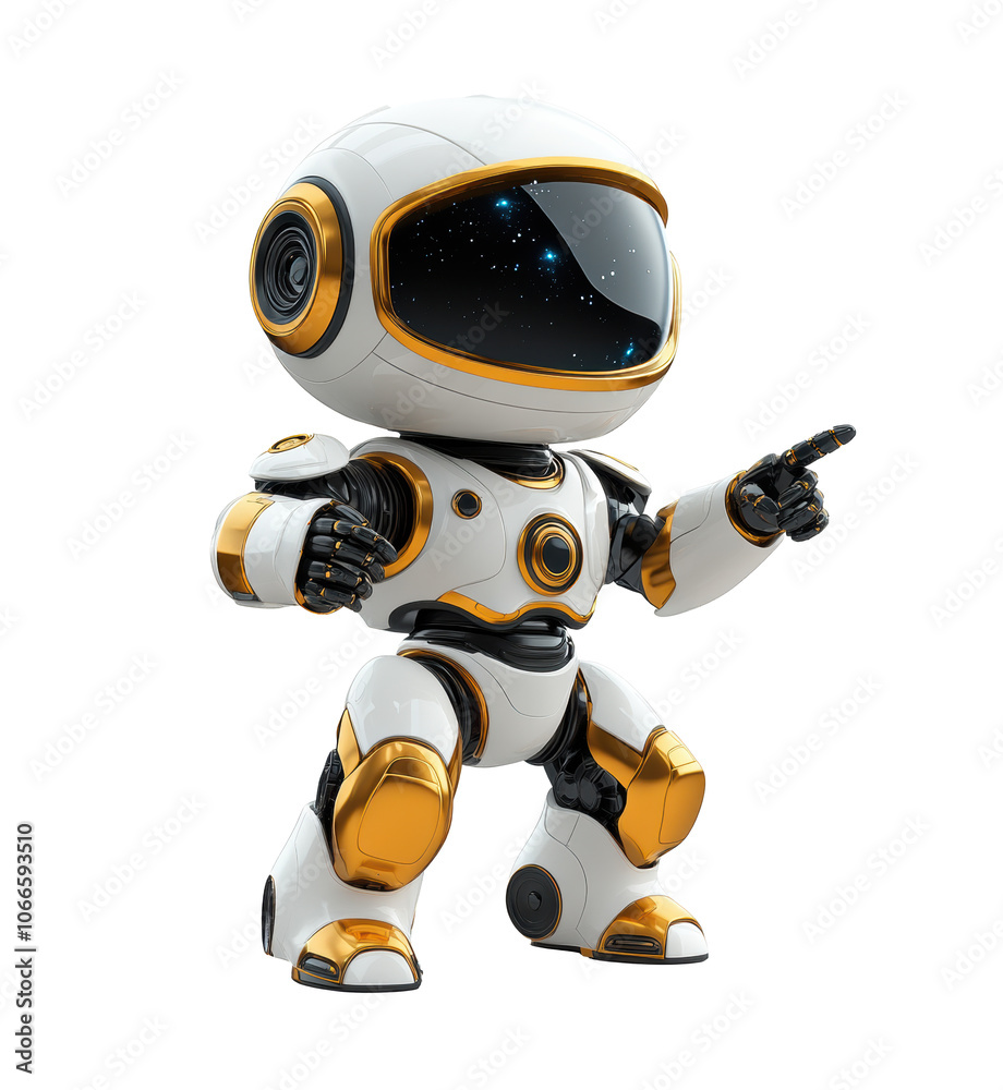 Cute futuristic robot character pointing with arm raised, sleek white and gold design, AI technology concept, isolated on transparent background, friendly droid, artificial intelligence Cute futuristic robot character pointing with arm raised, sleek white and gold design, AI technology concept, isolated on transparent background, friendly droid, artificial intelligence