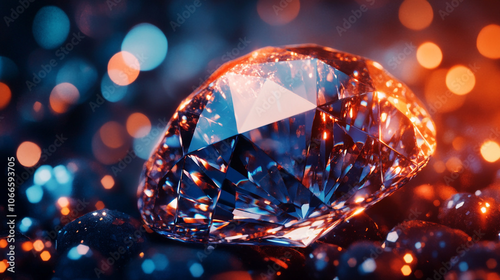 Sparkling gemstone rests on textured surface with vibrant bokeh lights in background Sparkling gemstone rests on textured surface with vibrant bokeh lights in background