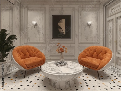 Two Orange Armchairs and a White Marble Coffee Table in a Classic Interior photo