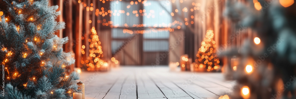 Obraz premium Festive Christmas tree lights illuminate a wooden walkway.