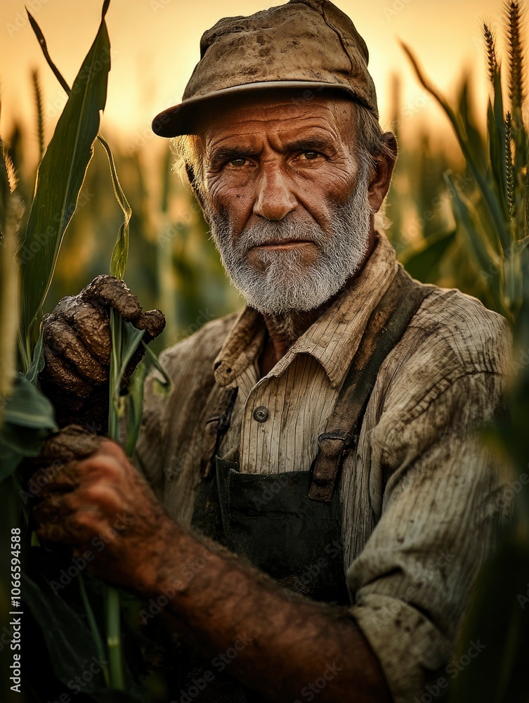 Fototapeta premium Rugged farmer in a field at sunrise, with muddy hands, weathered face and strong build