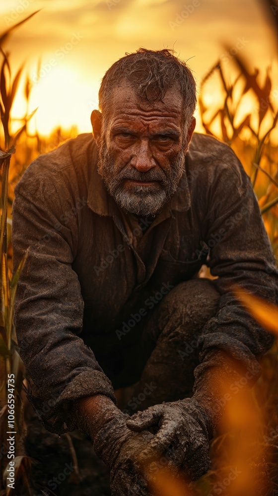 Obraz premium Rugged farmer in a field at sunrise, with muddy hands, weathered face and strong build