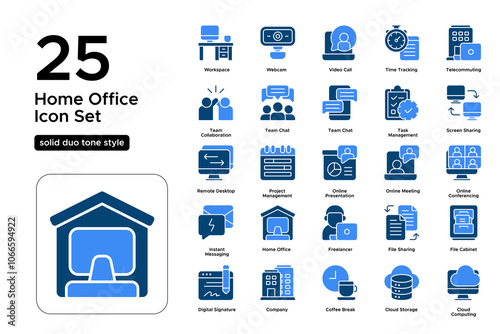 Home Office Solid Duo Tone Icon Set: Home Workspace, Productivity Essentials, and Remote Work Icons