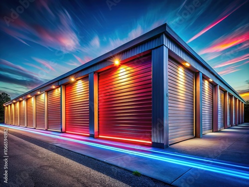 Abstract light trails dance across storage unit facades. photo