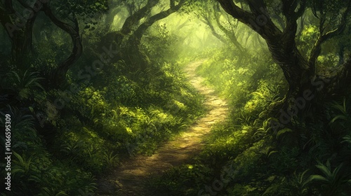 Lush Green Pathway Through Enchanted Forest