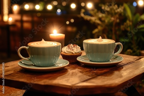 Two Cups of Coffee, a Cupcake, and a Candle on a Wooden Table photo