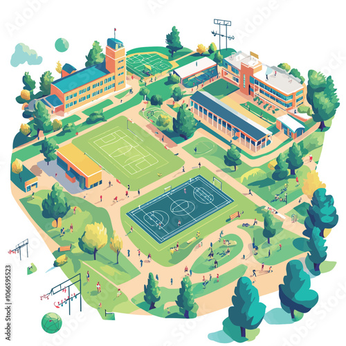 Isometric school and park. School building, college, university, college. Vector illustration. 