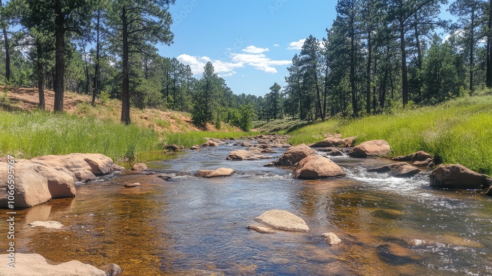 Serene River Flowing Through Lush Green Landscape Serene River Flowing Through Lush Green Landscape