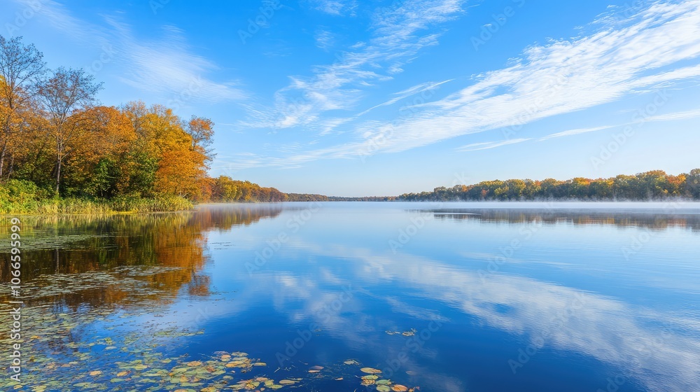 Serene Lake View with Autumn Foliage and Clear Skies