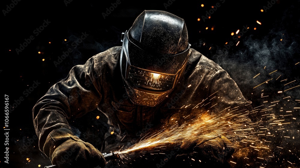 Professional photo of a welder in an industrial workshop, sparks flying as he works