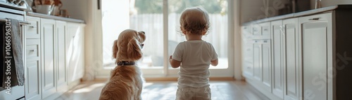 Adorable candid moment of a dog observing a toddler enjoying a snack in a bright kitchen setting