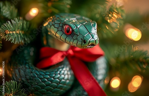 Green Cobra Christmas Tree Ornament with Red Ribbon, Festive Bokeh Background photo