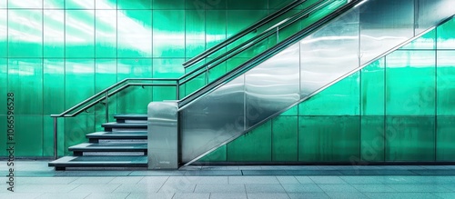 Creative ad backdrop in a subway with an emerald green wall and metal staircases.