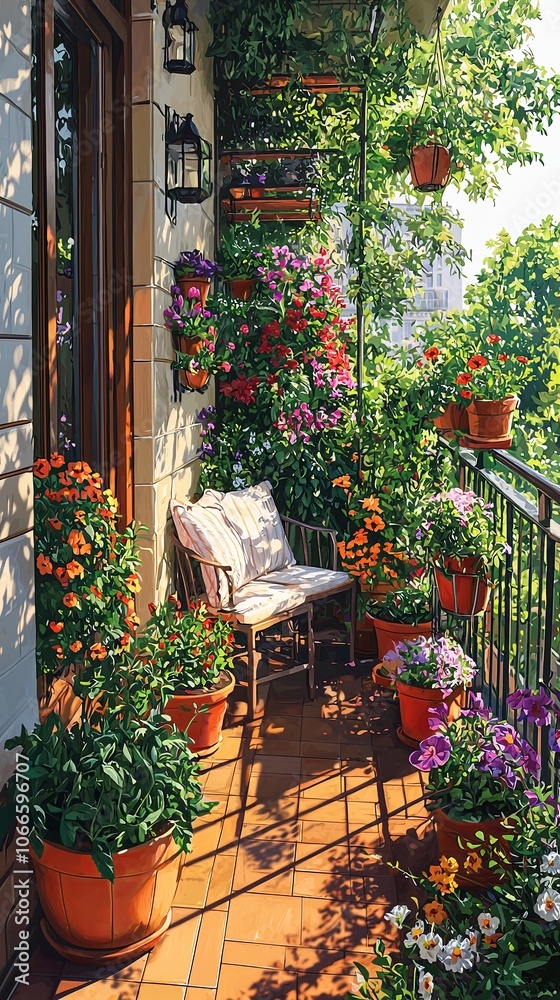 Obraz premium Cozy Balcony Garden with Colorful Flower Pots