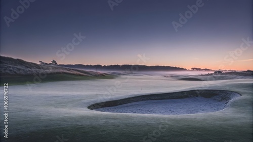 Frost-covered golf course with smooth fairways and greens in early morning