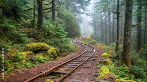 Serene Forest Path with Railway Tracks in Mist