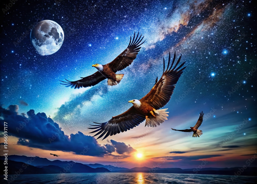 Fototapeta premium Captivating Night Photography of Silhouettes of Eagles Against a Starry Sky - Majestic Birds, Nature, Wildlife, Silhouette Art, Moonlight, Landscape Photography, Nighttime Adventure